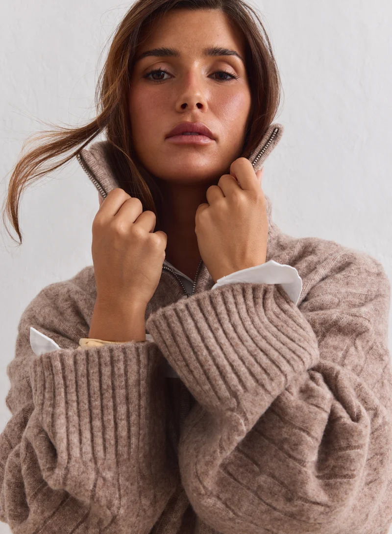 Hazelnut Oversized Cable Knit Half Zip