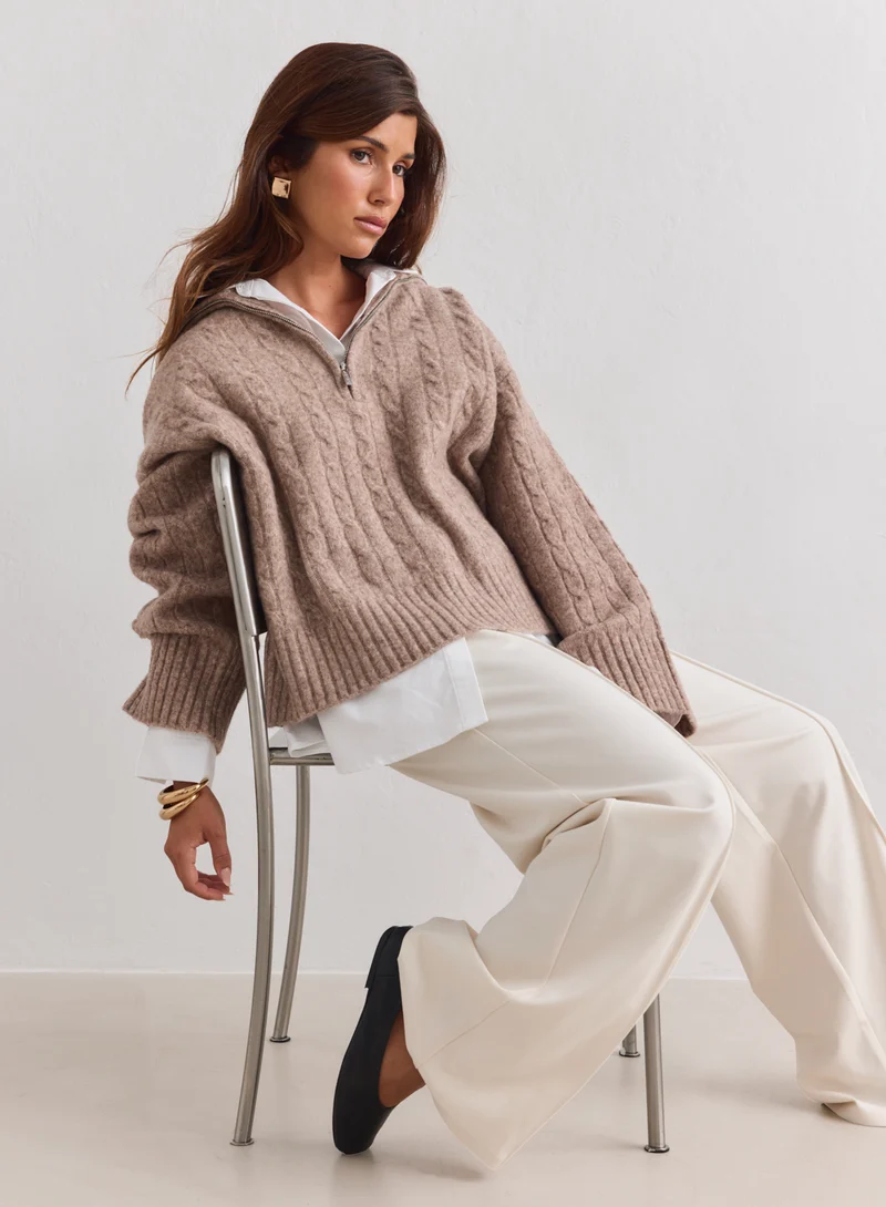 Hazelnut Oversized Cable Knit Half Zip