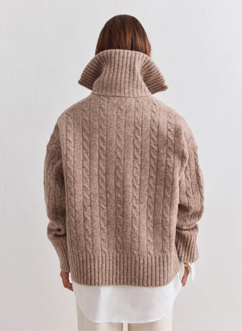 Hazelnut Oversized Cable Knit Half Zip