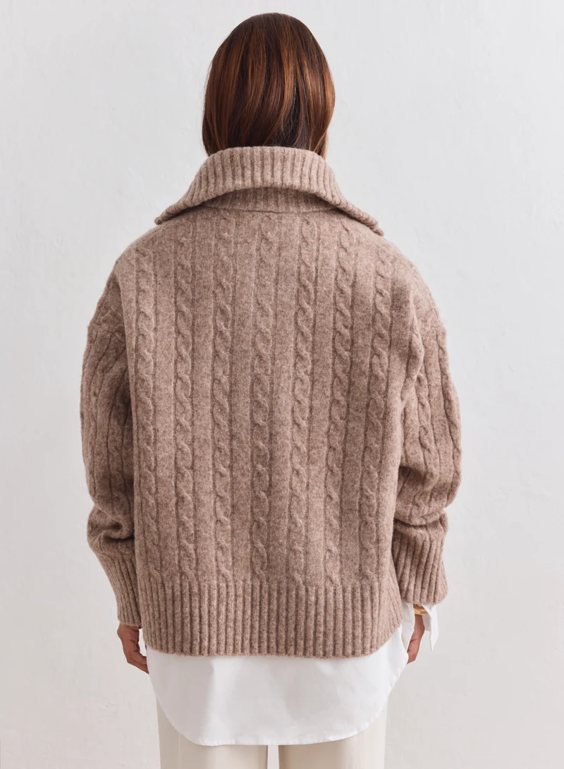 Hazelnut Oversized Cable Knit Half Zip