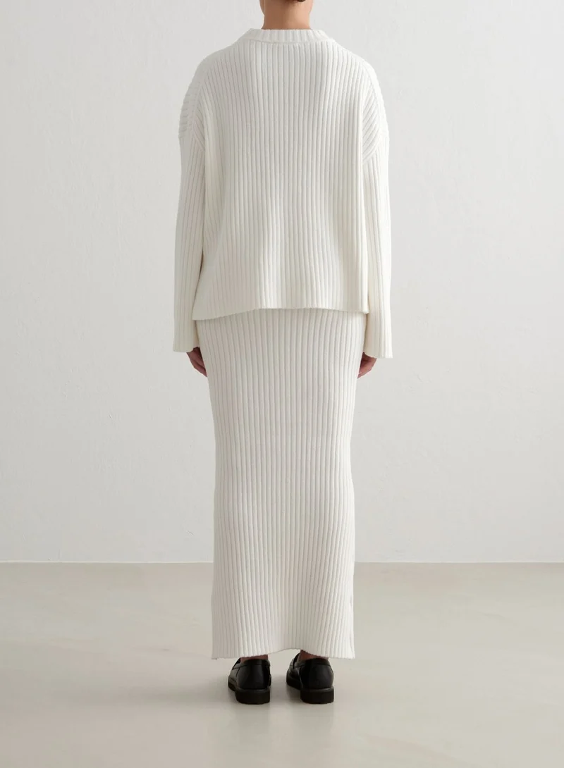 Almond White Rib Knit Maxi Skirt