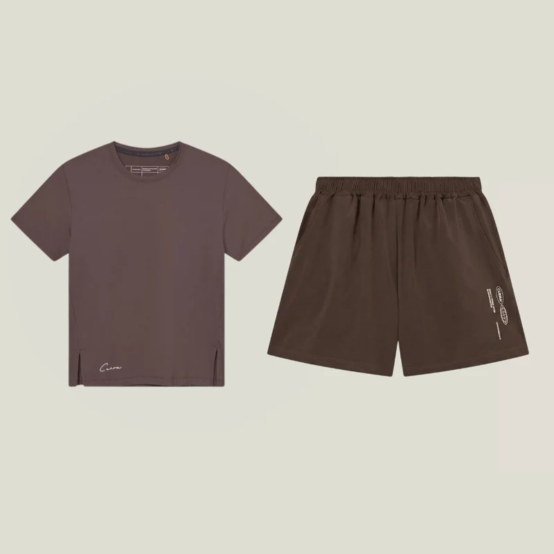 Slit Top SS & Active Globe Shorts - Dunkelbraun Bundle