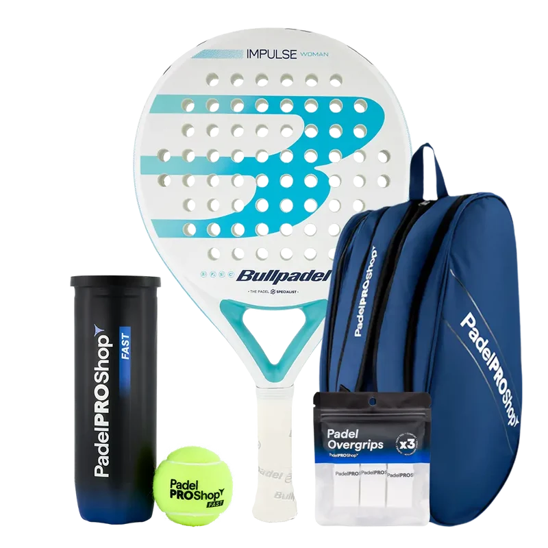 Pack Pala Bullpadel Impulse W 2026 (Exclusiva PadelPROShop) + Paletero PadelPROShop azul + Bote de Pelotas PadelPROShop Fast + Pack 3 Overgrips PadelPROShop