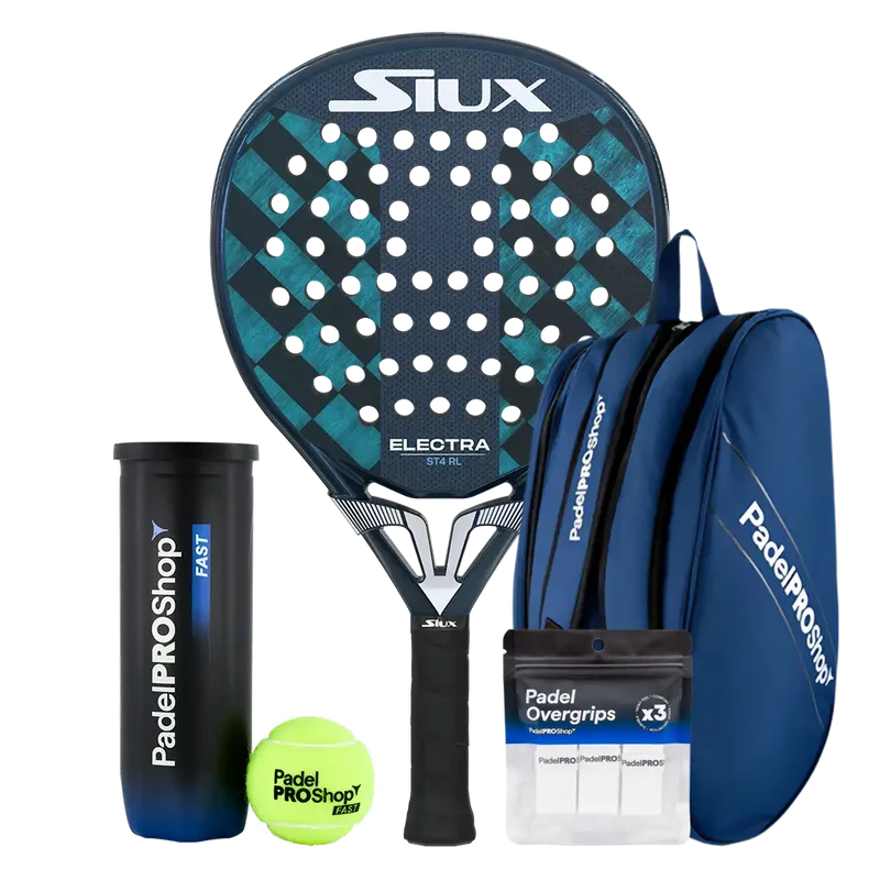 Pack Pala Siux Electra ST4 Rulo (Exclusiva PadelPROShop) + Paletero PadelPROShop azul + Bote de Pelotas PadelPROShop Fast + Pack 3 Overgrips PadelPROShop