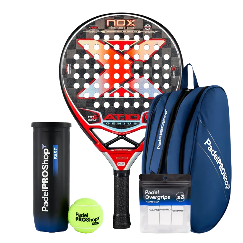 Pack Pala Nox AT10 Genius 18K Limited Edition Agustín Tapia (Exclusiva PadelPROShop) + Paletero PadelPROShop azul + Bote de Pelotas PadelPROShop Fast + Pack 3 Overgrips PadelPROShop