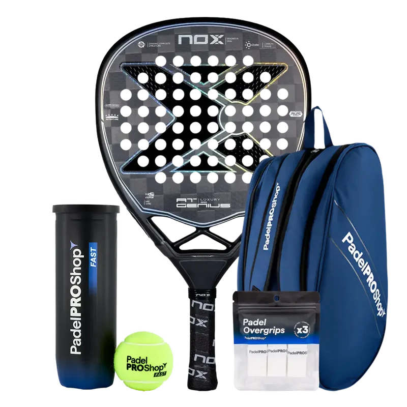 Pack Pala Nox AT10 Genius Attack 18K Limited Edition (Exclusiva PadelPROShop) + Paletero PadelPROShop azul + Bote de Pelotas PadelPROShop Fast + Pack 3 Overgrips PadelPROShop