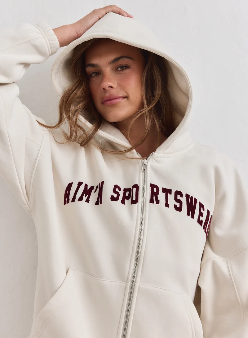 Cream Varsity Sweat Zip Hood