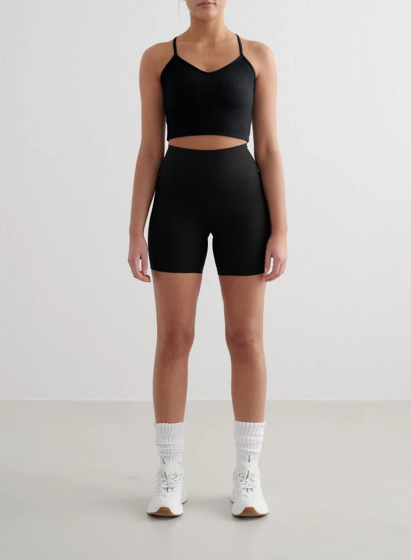 Black Ribbed Performance Midi Biker Shorts