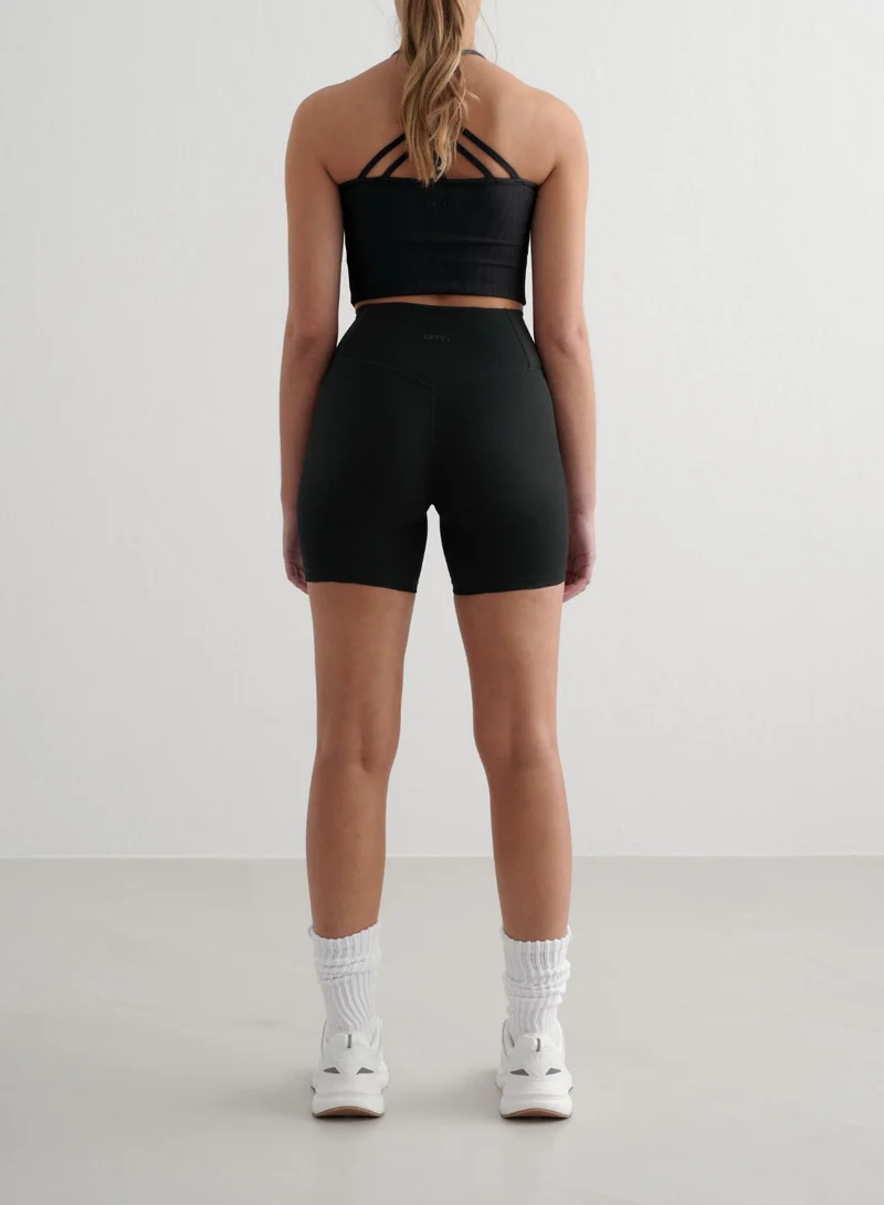 Black Ribbed Performance Midi Biker Shorts