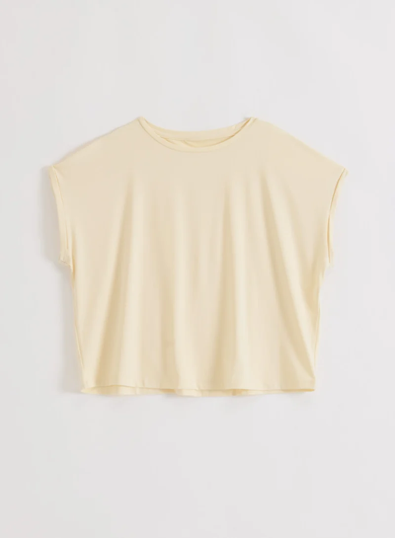 Lemon White Soft Basic Roll Sleeve Top