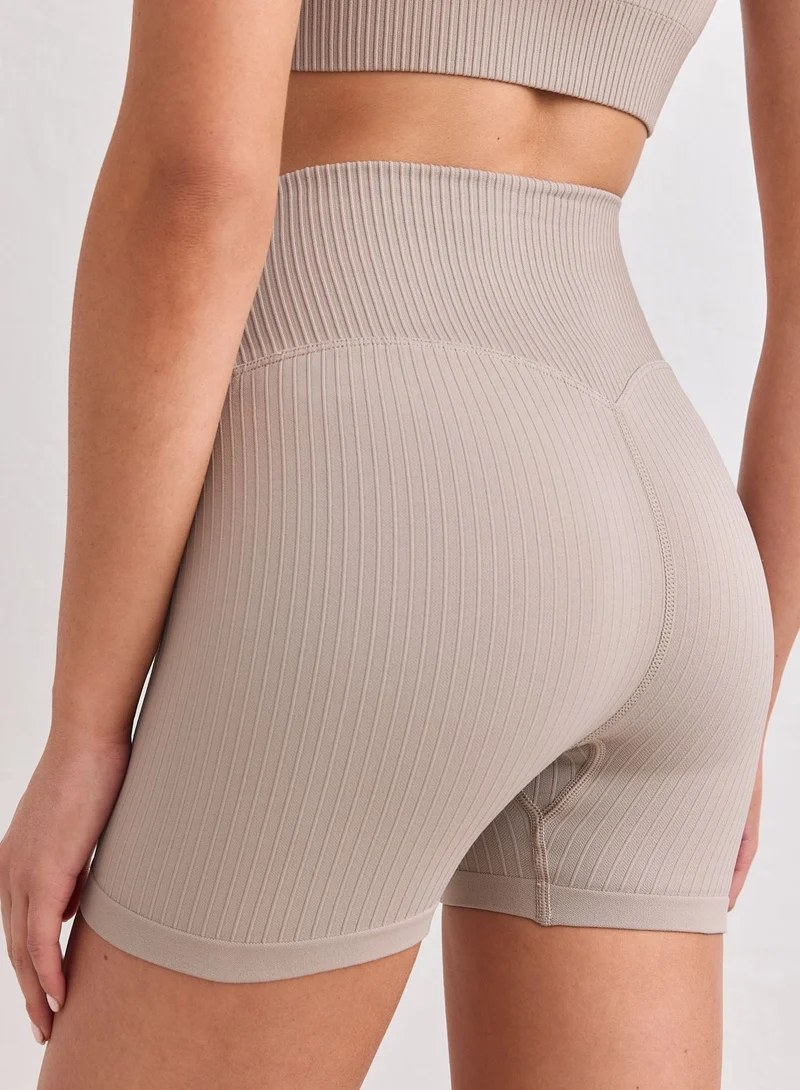 Dark Clay Ribbed Seamless Midi Biker Shorts