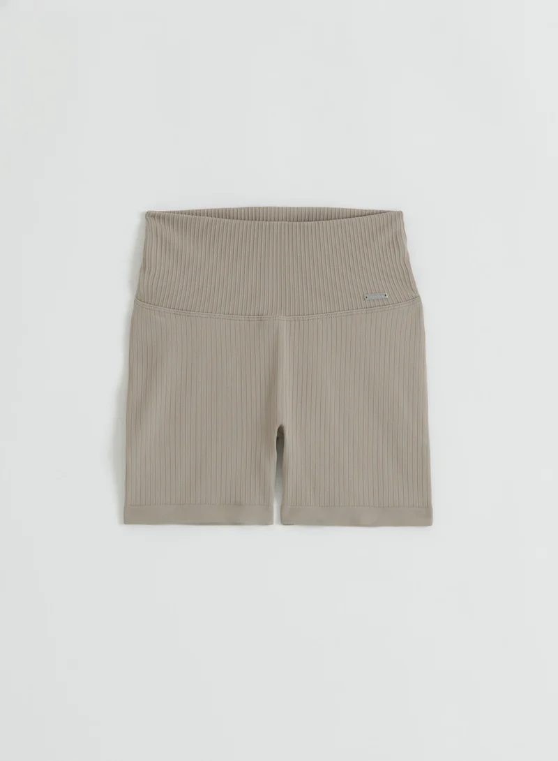 Dark Clay Ribbed Seamless Midi Biker Shorts