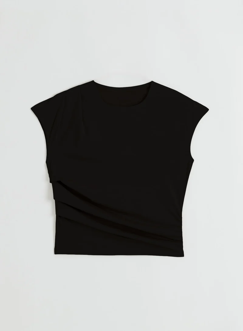 Black Luminous Draped Short Sleeve