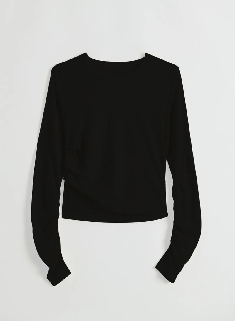 Black Luminous Draped Long Sleeve