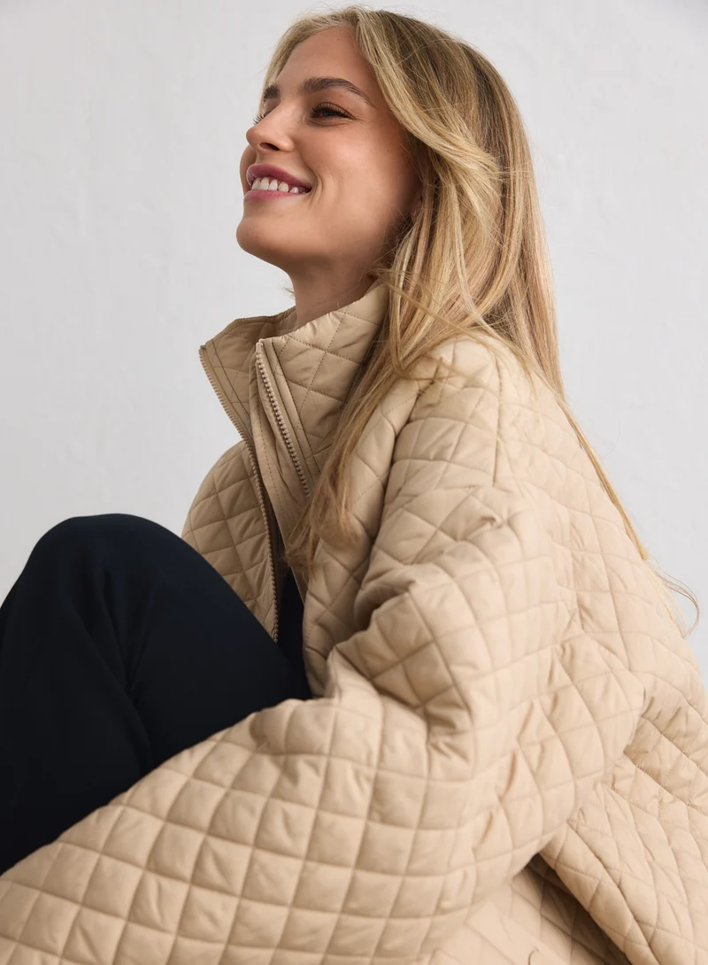 Beige Oversized Quilted Jacket