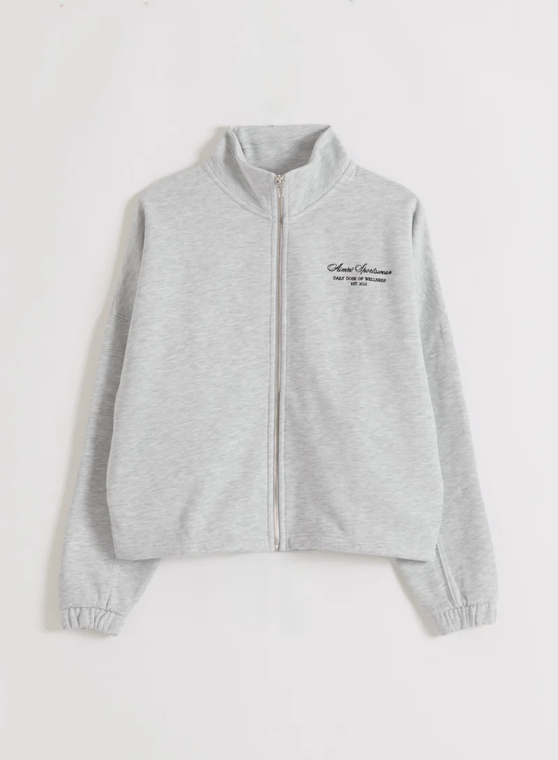 Light Grey Melange Script Zip Jacket