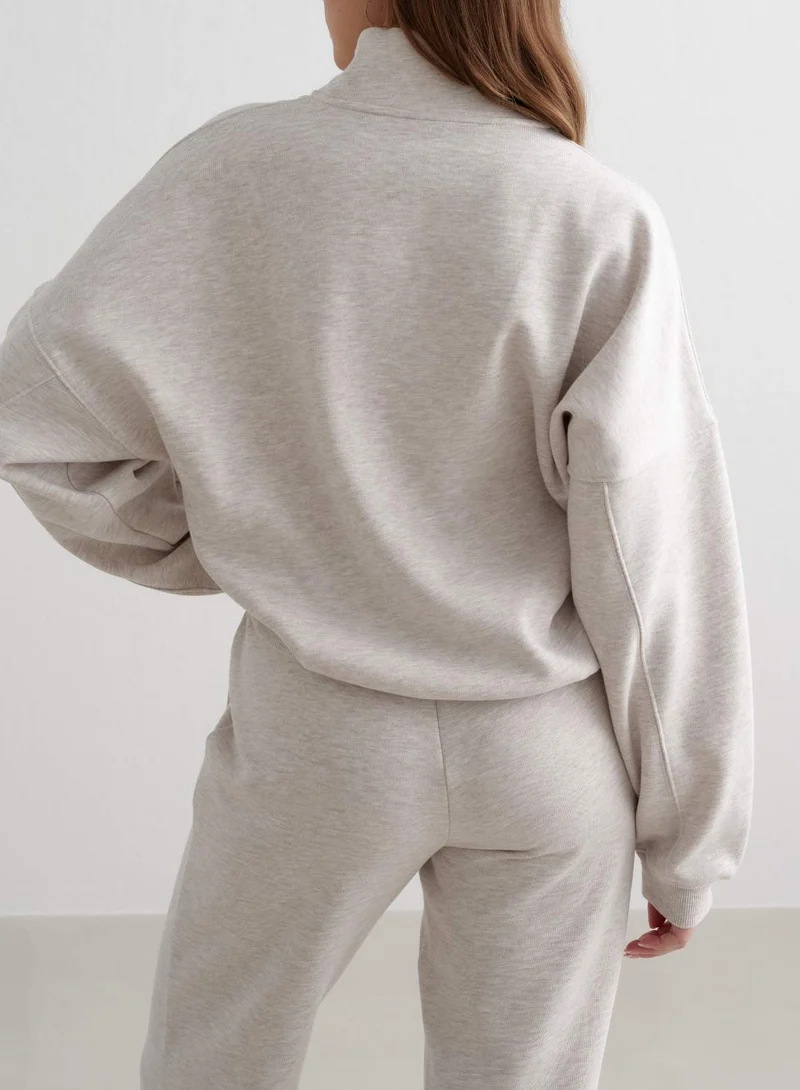 Beige Melange Varsity Sweat Half Zip