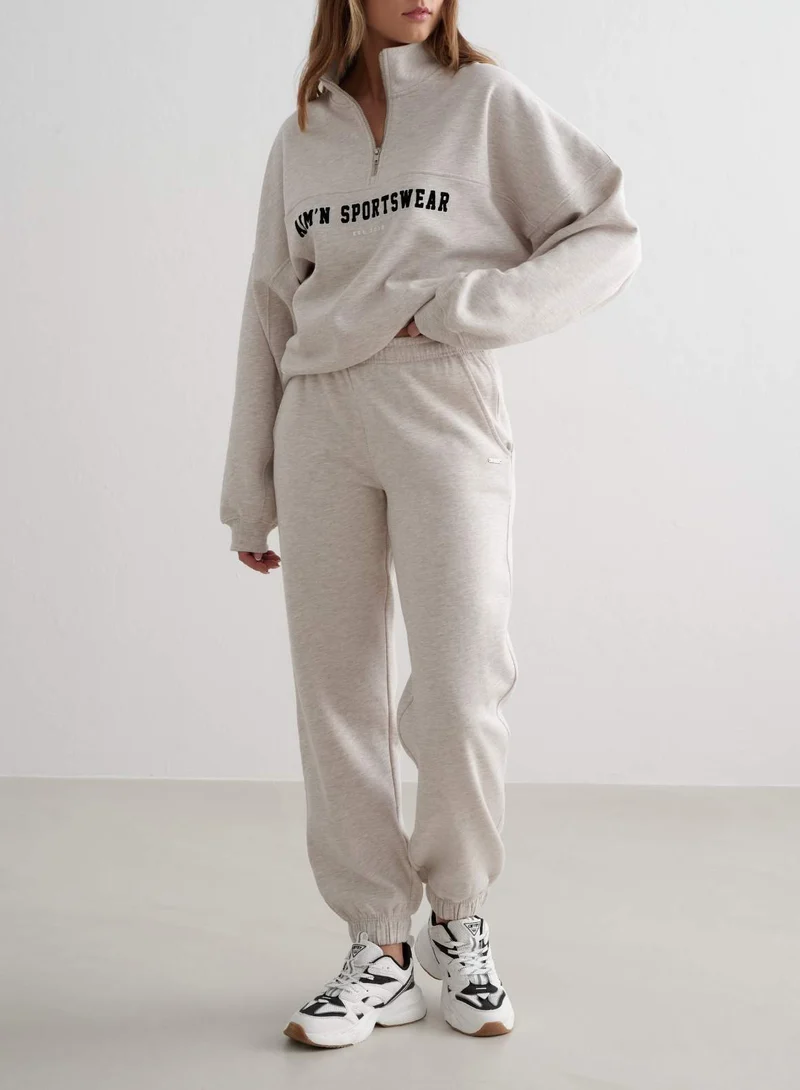 Beige Melange Varsity Sweat Half Zip