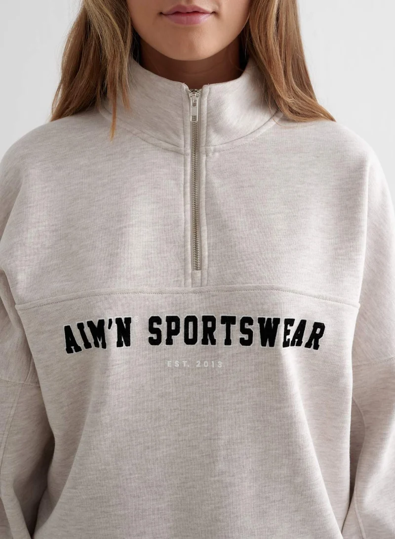 Beige Melange Varsity Sweat Half Zip
