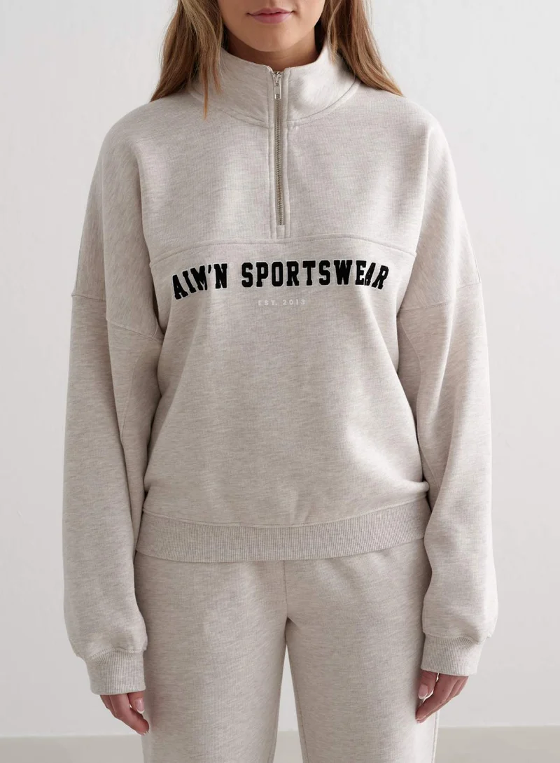 Beige Melange Varsity Sweat Half Zip