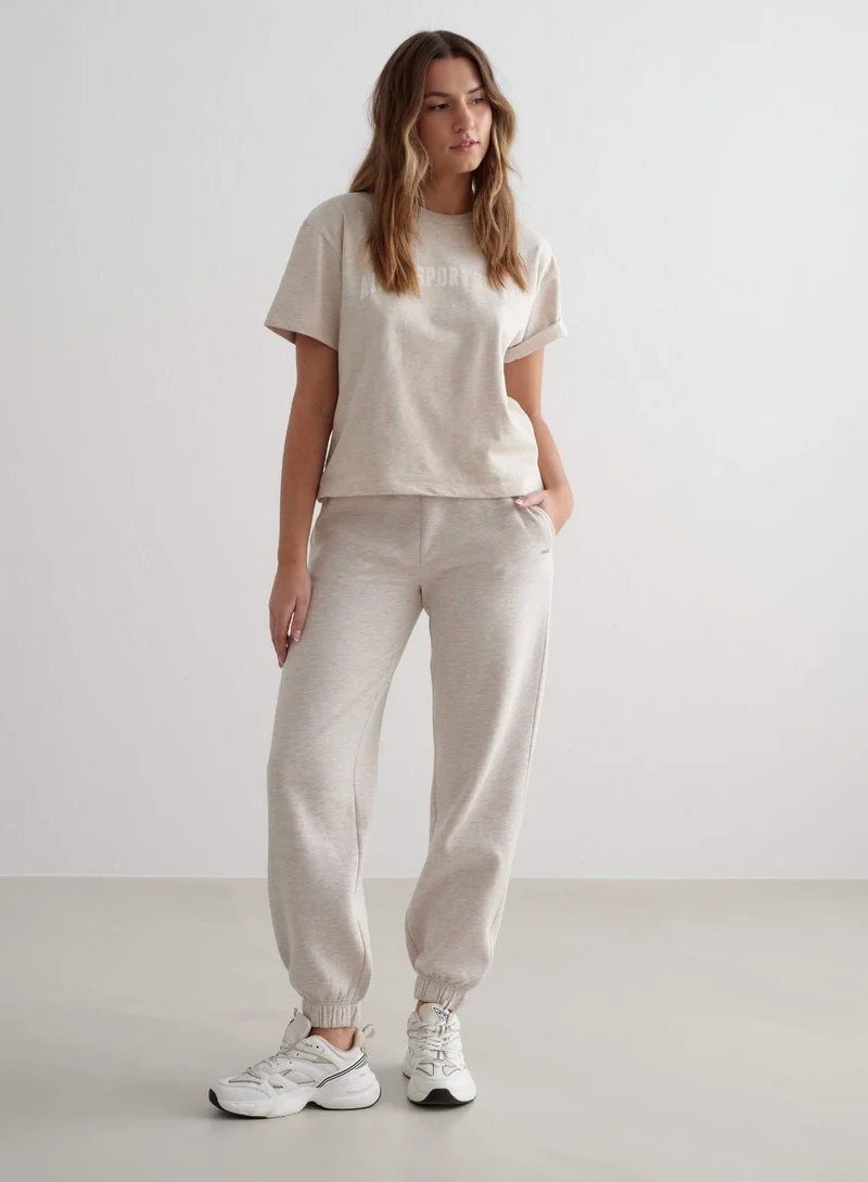 Beige Melange Varsity Boxy T-shirt