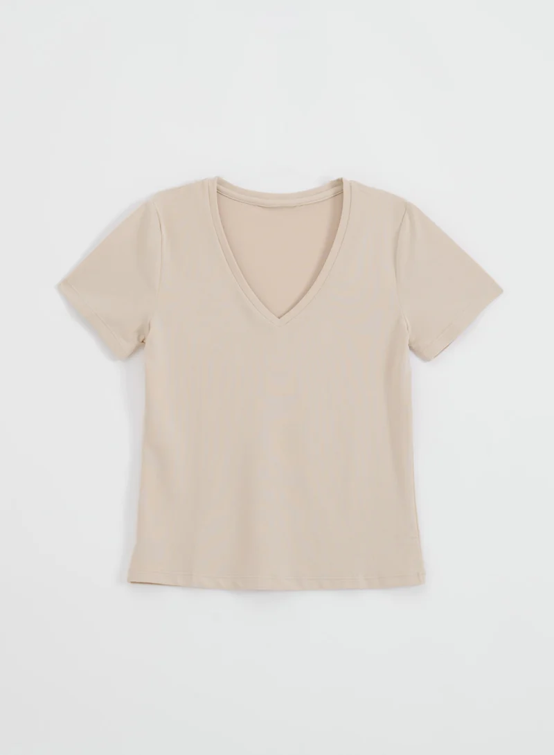 Café Au Lait Soft Basic V-neck Short Sleeve