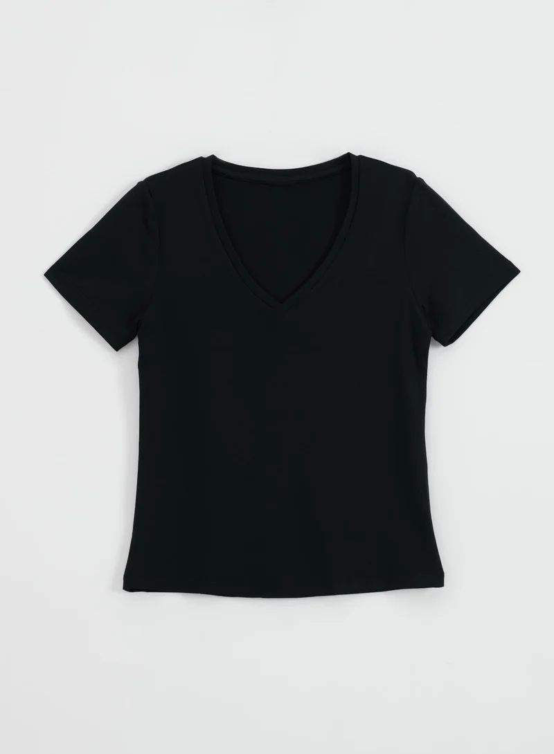 Black Soft Basic V-neck Short Sleeve