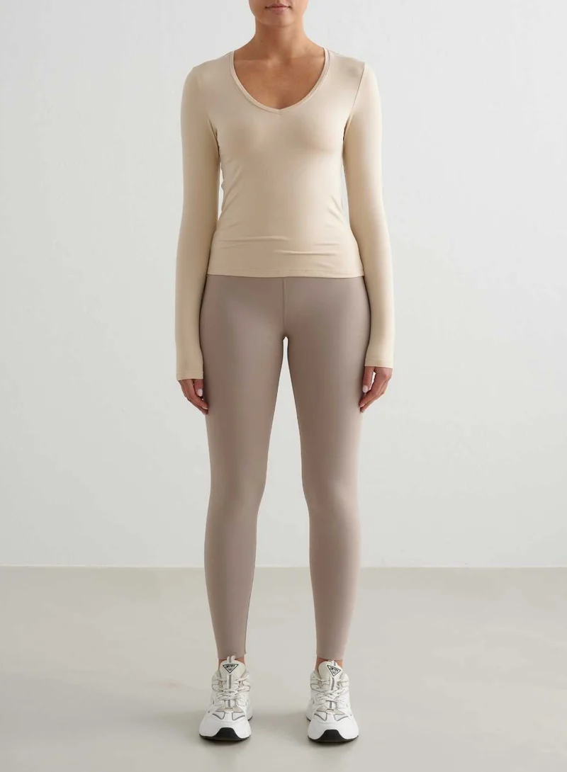 Café Au Lait Soft Basic V-neck Long Sleeve