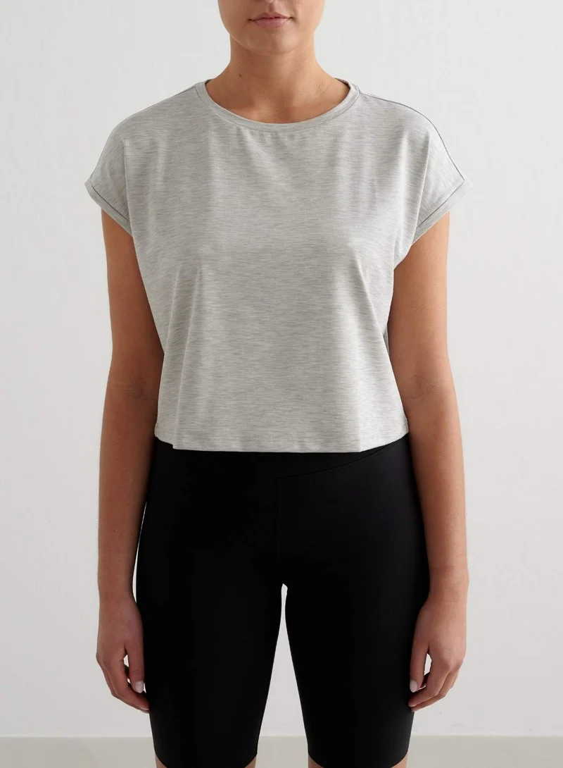 Grey Melange Soft Basic Roll Sleeve Top