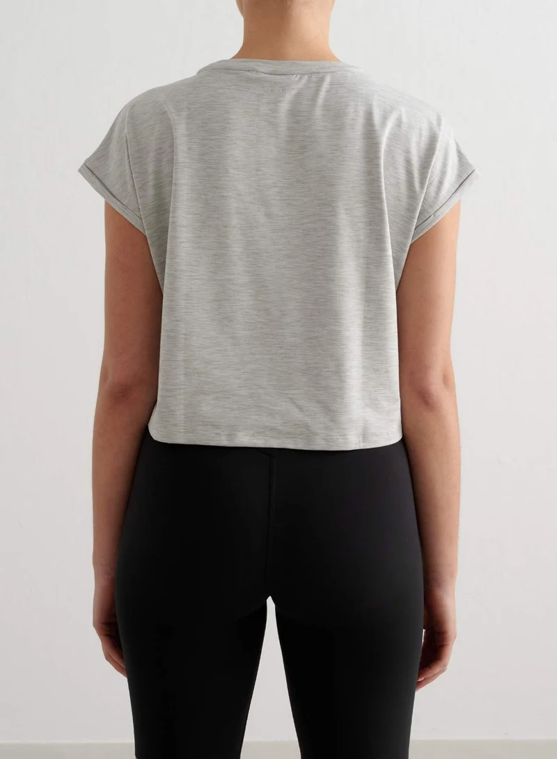 Grey Melange Soft Basic Roll Sleeve Top
