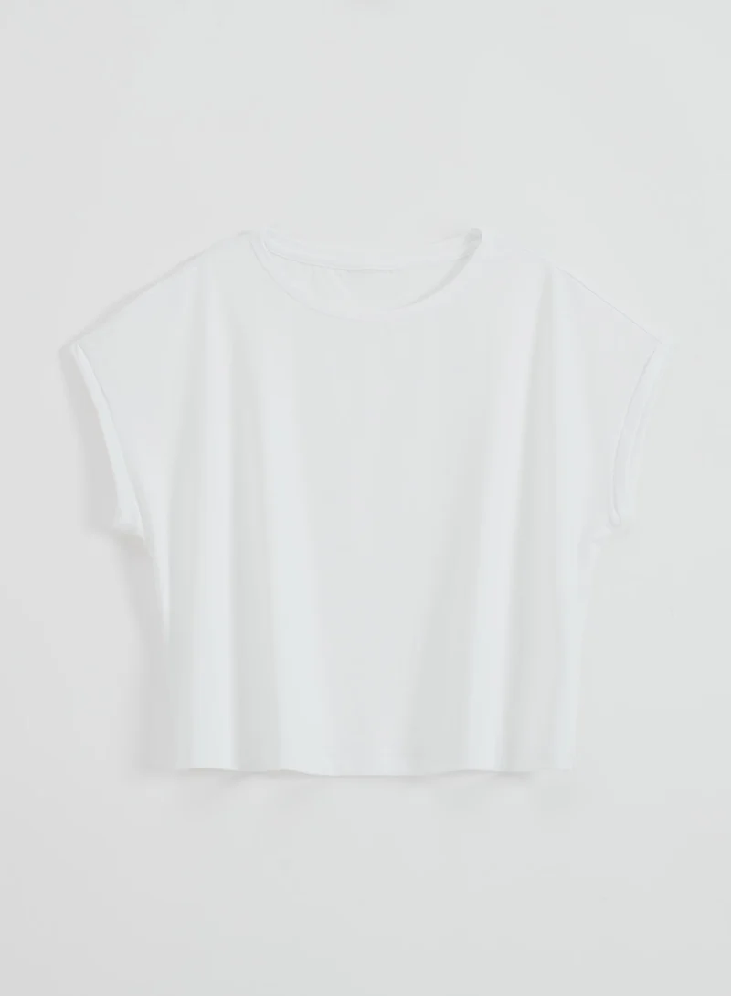 White Soft Basic Roll Sleeve Top