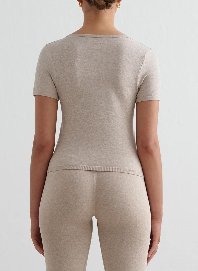 Beige Melange Shape Seamless Short Sleeve