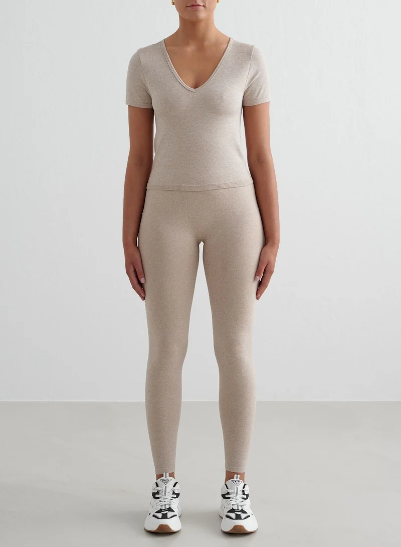 Beige Melange Shape Seamless Short Sleeve