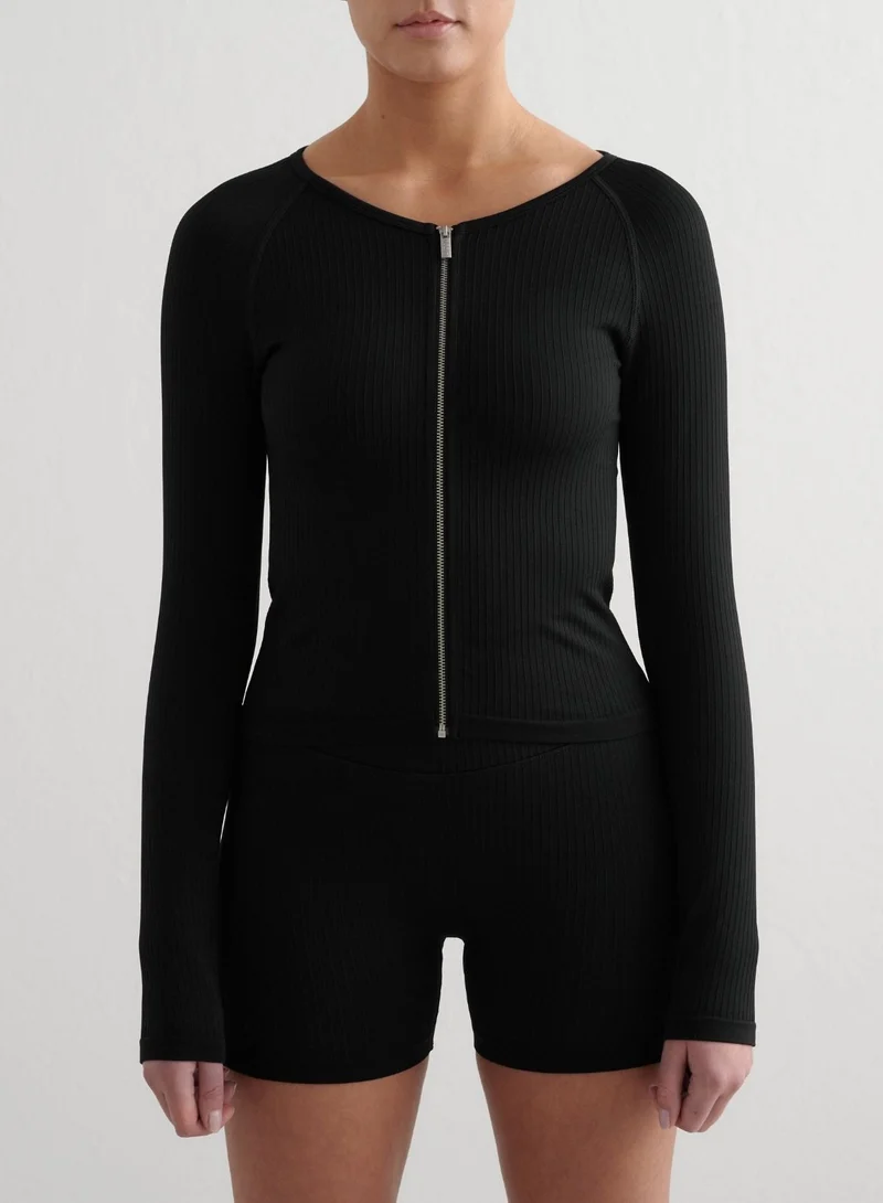 Black Ribbed Seamless Zip Jacket