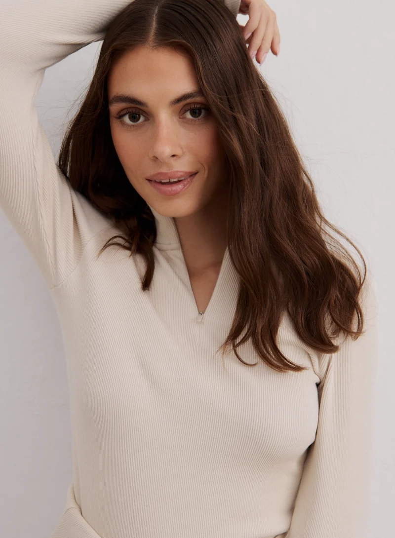 Café Au Lait Ribbed Wool Half Zip
