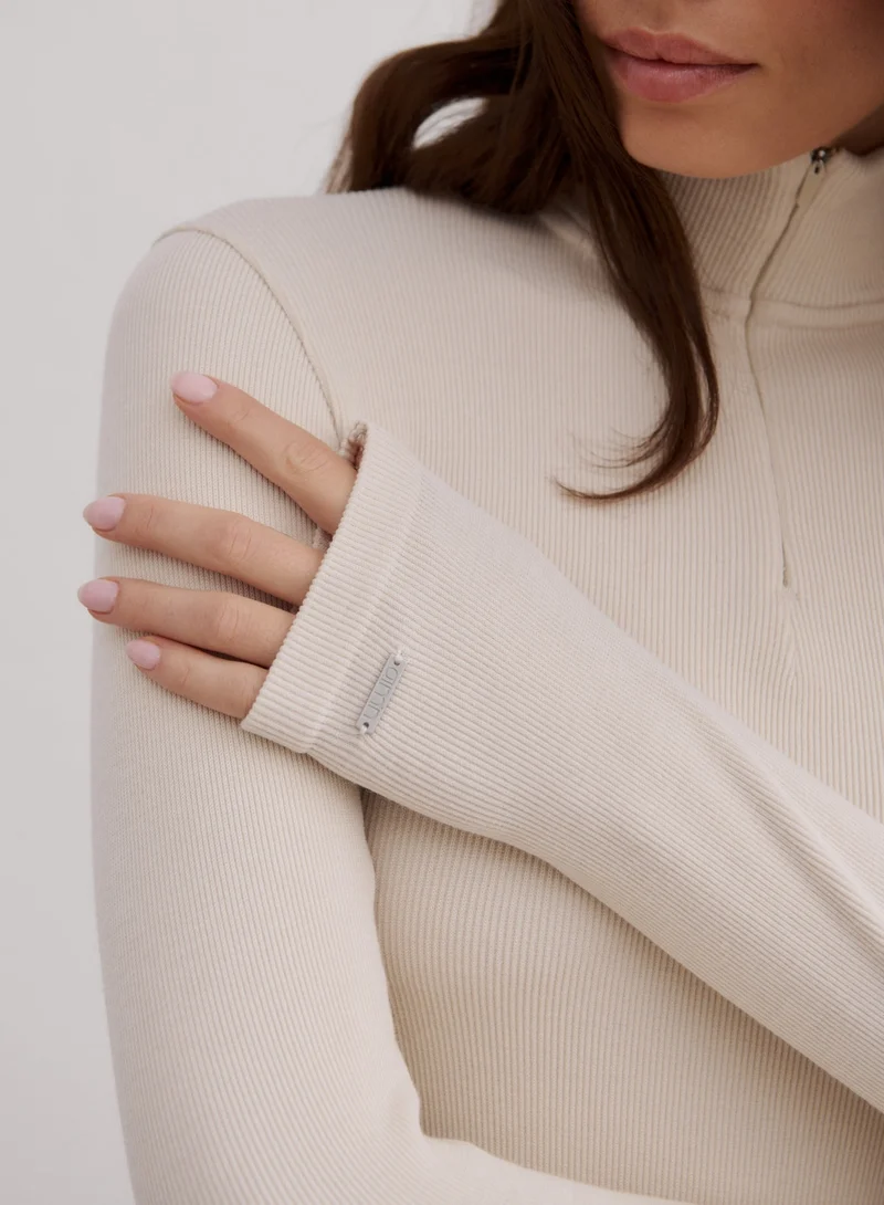 Café Au Lait Ribbed Wool Half Zip