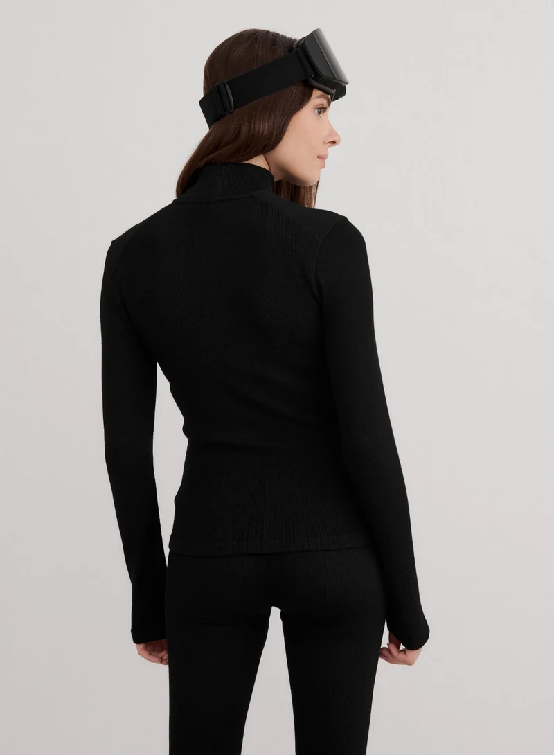 Black Ribbed Wool Half Zip