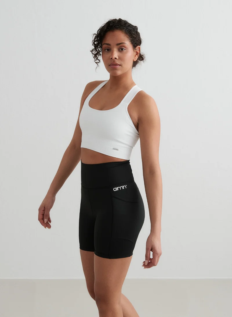 Black Double Pocket Midi Biker Shorts