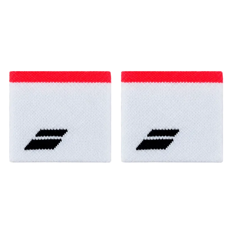 Muñequeras Babolat Blancas Logo Negro Franja Roja (Pack x2)