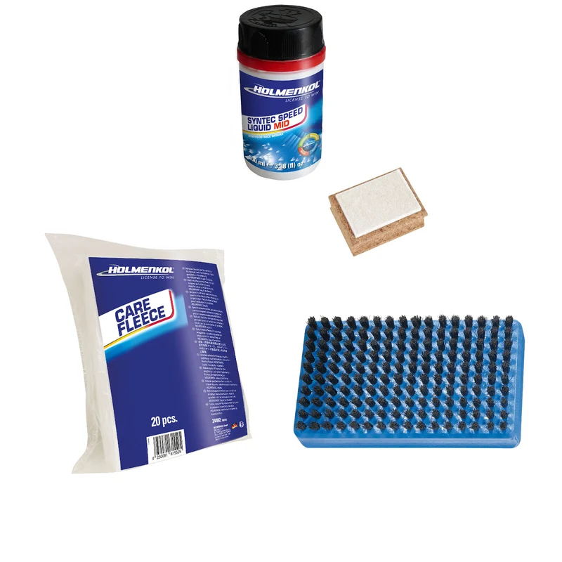 Holmenkol Syntec Speed Liquid Anwendungs-SET wet, mid, cold, Bürste, Carefleece, Kork